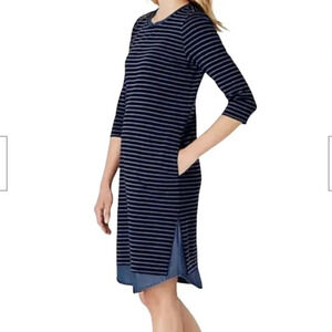 J. Jill Navy Ceil Blue Long Sleeve Striped Shift Dress Size XL